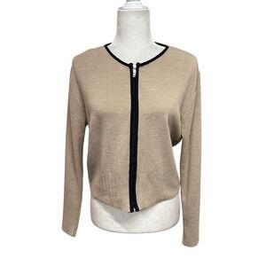 Women's Full Zip Cardigan Neutral Brown Sz L CreNeck Quiet Luxury Old Money Knit